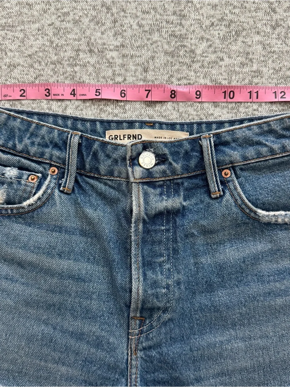 GRLFRND Raw-Hem Distressed Blue Denim Shorts